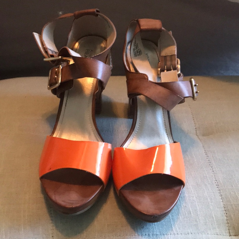 Orange and wood block heels